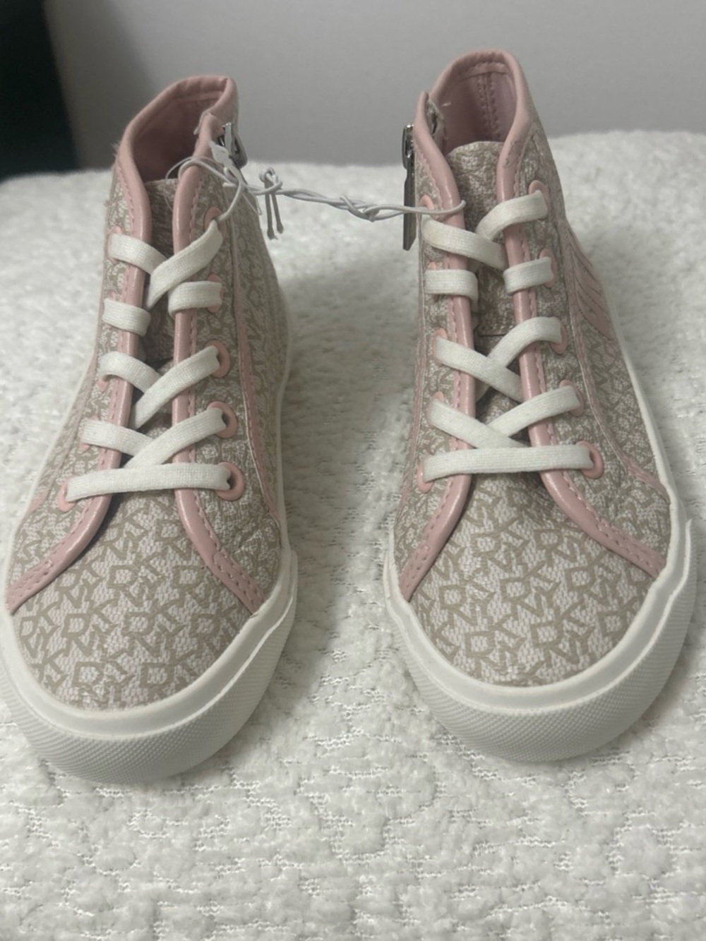 DKNY Pink Trim Beige Logo High-Top Sneakers for Kids